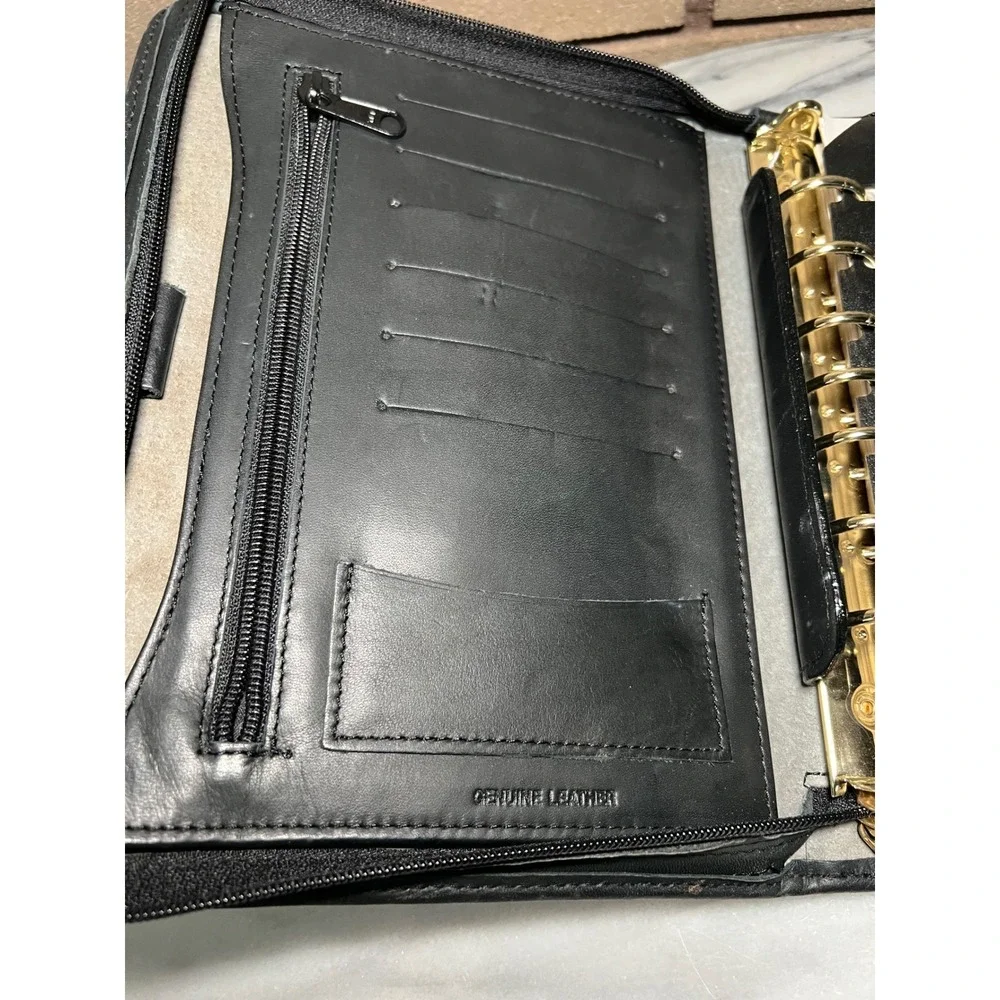 Black Genuine Leather Zip Around 7 Ring Binder Planner Organizer Portfolio VTG